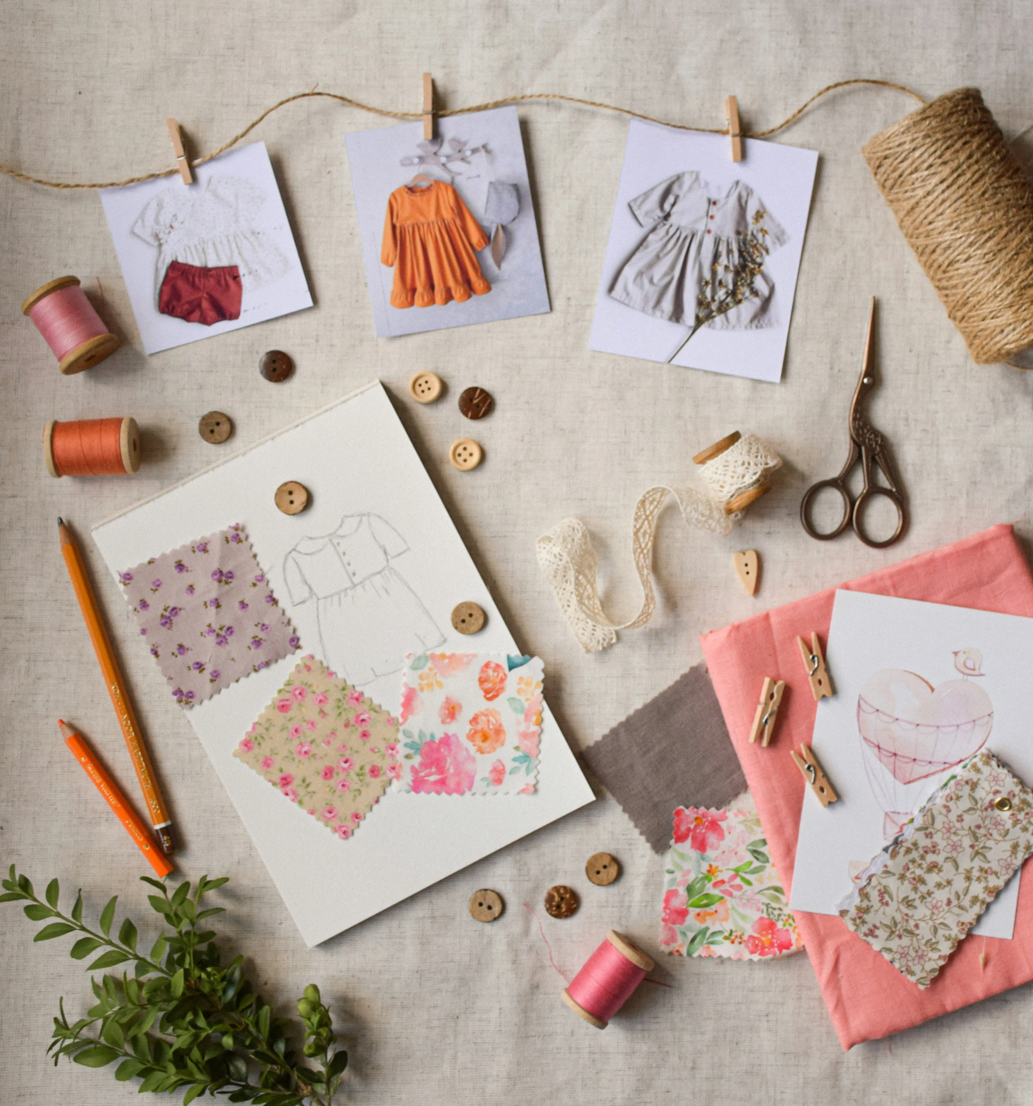 fashion sketches and fabric swatches